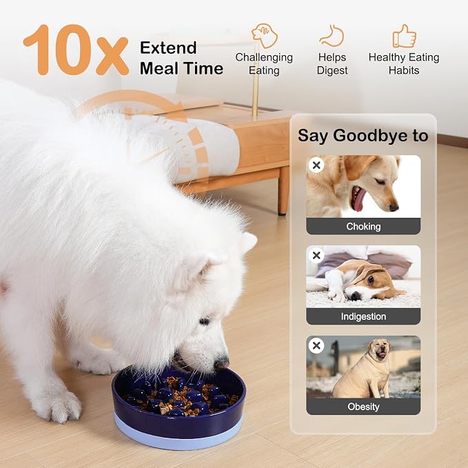 Sted Ceramic Slow Feeder Dog Bowls for Medium Large Breed | Slow Feeding Dog Bowl, Dogs Food Bowls for Fast Eaters, Puzzle Dogs Food Bowl with Silicone Base, Maze Blue - Image 3