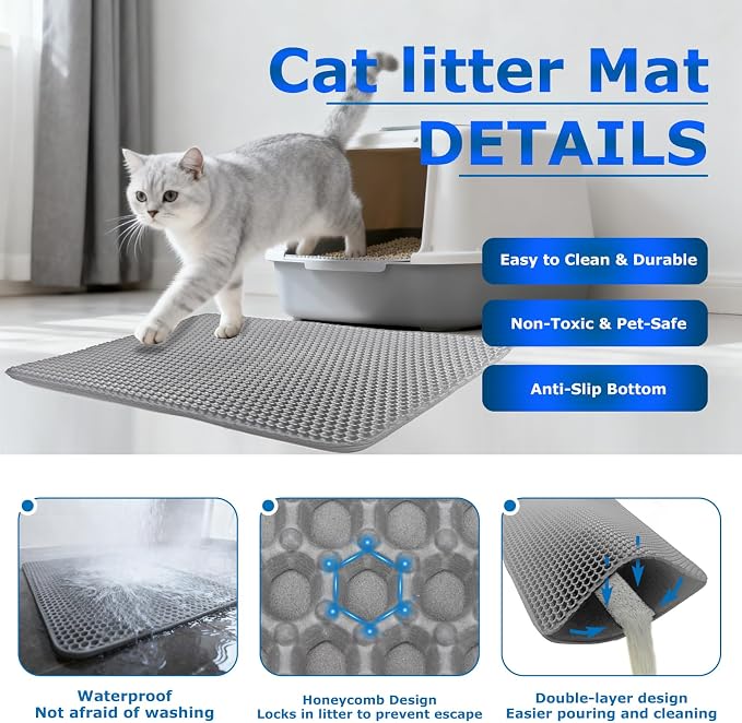 Cat Litter Box Mat,Double-Layer Honeycomb Litter Trap 35"x24" Gray | Catches Scattered Particles to Stop Tracking,Waterproof Design Urineproof Base Protects Floors, Easy to Clean, Indoor Cats - Image 2