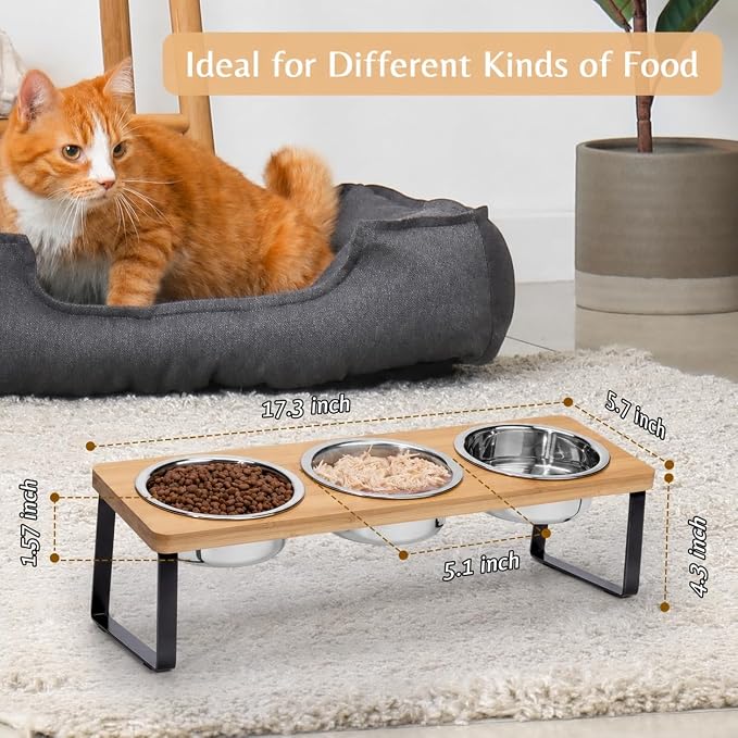 Elevated Cat Food Bowl Set for Indoor Cats, 3 Raised Water Bowl for Kitten | Whisker Friendly, Anti Vomit, Feeding Station for Puppy, Stainless Steel, Pet Dish, Easy Assembly, Bamboo, Dishwasher Safe - Image 5