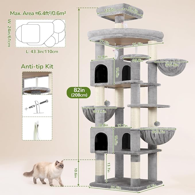 Globlazer Extra Large Cat Tree Tower, 82in Tall Heavy Duty Cat Tree for Indoor Cats Large Adult Big Cat Tower with 8 Scratching Posts, 2 Cat Condos, 2 Top Perches, 3 Hanging Baskets, S82, Light Grey - Image 6