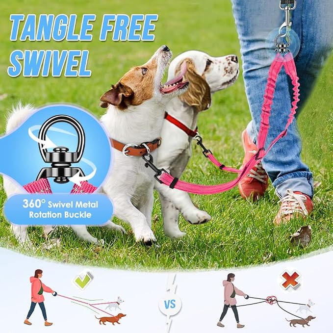 AUTOWT Double Dog Leash, No Tangle 360°Swivel Rotation Reflective Lead Attachment Adjustable Length Dual Two Dogs Lead Splitter, Comfortable Shock Absorbing Walking Training for 2 Dogs - Image 6