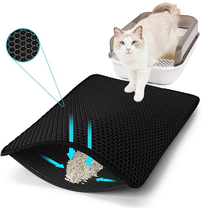 Cat Litter Mat 26"x46.5", Double Layer Waterproof Litterbox Mat, Black | Non-slip backing, washable for easy cleanup, traps stray litter with waterproof honeycomb large grid that is urine-proof. by Unknown