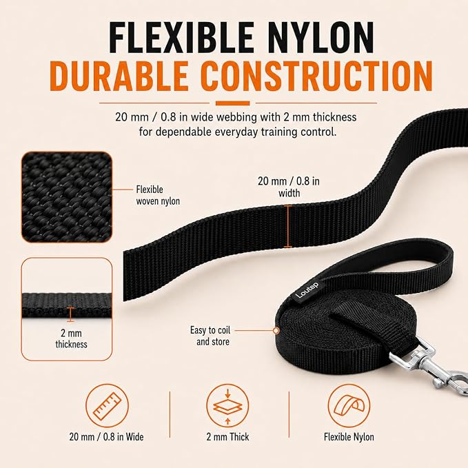 Long Line Dog Training Leash with Padded Handle, 100 ft, Black | Durable nylon webbing with reinforced stitching and 360° swivel clip for recall and obedience - Image 5
