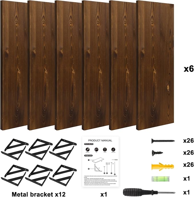 YGEOMER 16.5in Floating Shelves for Wall, Dark Carbonized Pine Set of 6 | Rustic wood shelves with metal brackets. Space-saving for books & decor. Works in bathroom, kitchen, living room & bedroom. - Image 7