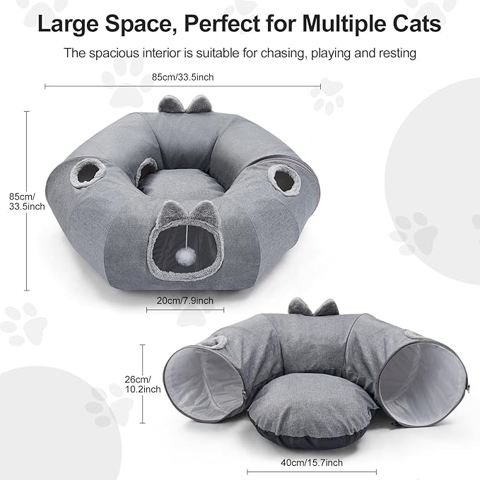 Linen Cat Tunnels with Central Cat Bed, Interactive Cat Toys Detachable Washable Soft Mat Large Indoor Play Tunnel Cave for Kittens and Small Animals - Image 2