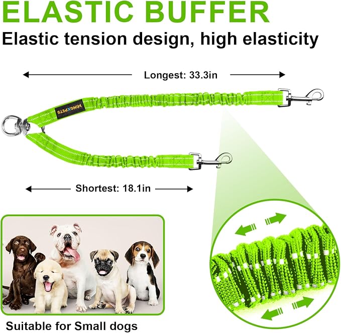 MingXpet 2 Dog Leash, Dog Leash for 2 Dogs, 360° Swivel No Tangle Double Walking Training Leashes for Large Dogs that Pull, Comfortable Shock Absorbing Reflective Bungee, Green - Image 2