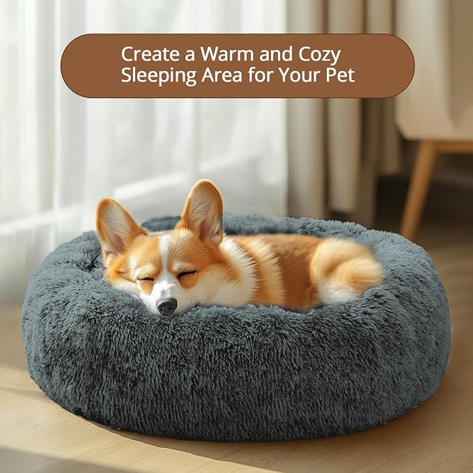JOLLYVOGUE Calming Small Dog & Cat Bed for Indoor Cats - 20 inches Washable Donut Bed for Kittens & Puppies, Anti-Anxiety Round Fluffy Plush Pet Beds (Fits up to 15 lbs, Navy Grey) - Image 4