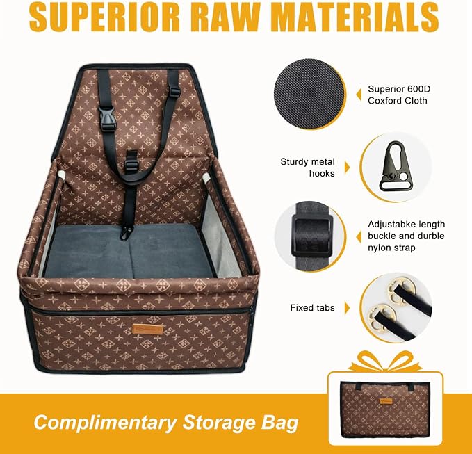Pet Dog Booster Seat, Upgrading the Framed wall to Prevent Collapse，Breathable and Foldable Pet Car Basket，Removable andWashable pet car seat (Brown) - Image 3