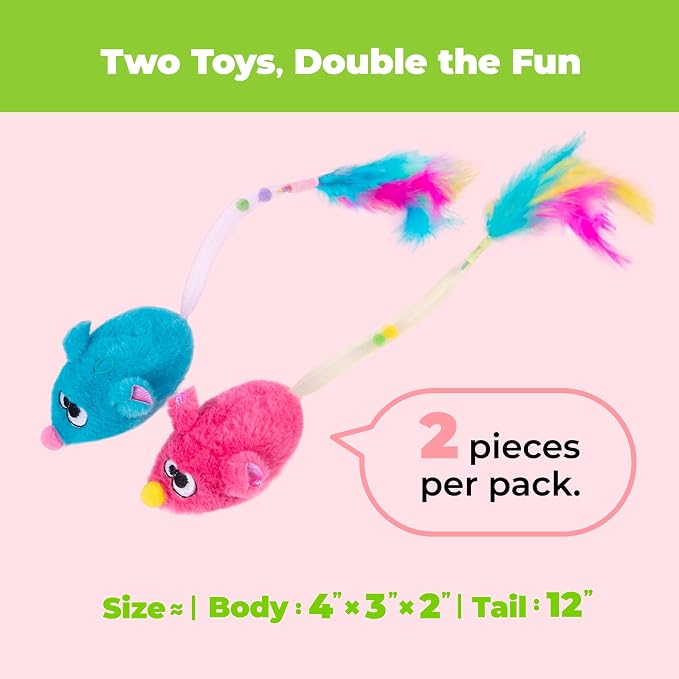Catify Interactive Cat Toy - Squeaking Mice Set, Blue & Fuchsia | Catnip Infused, Tap to Activate Squeaks, Soft, For Indoor Kittens & Cats, Independent Play, Attaches to Wand, Pack of 2 - Image 7