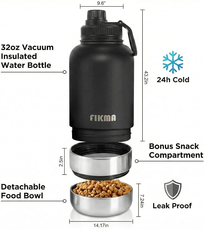Dog Water Bottle with 2 Bowls, 32oz Insulated Stainless Steel Leak Proof | Travel Bottle for Pets, Portable Design for Hiking, Camping & Travel (Black) - Image 3