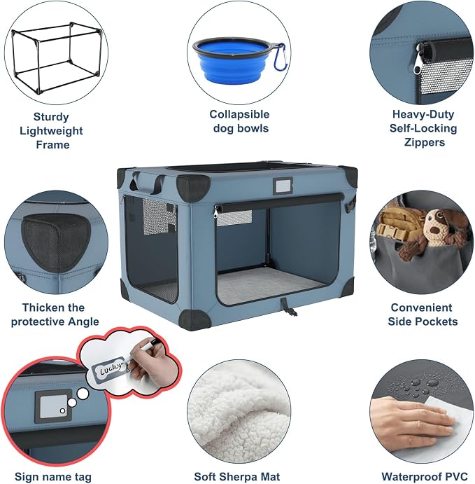 42 Inch Foldable Dog Travel Crate Blue with Sturdy Metal Frame | Chew-Proof Mesh Window,Soft Blanket and Foldable Bowl,Waterproof and Easy to Clean,Portable for Camping,Signature card - Image 4