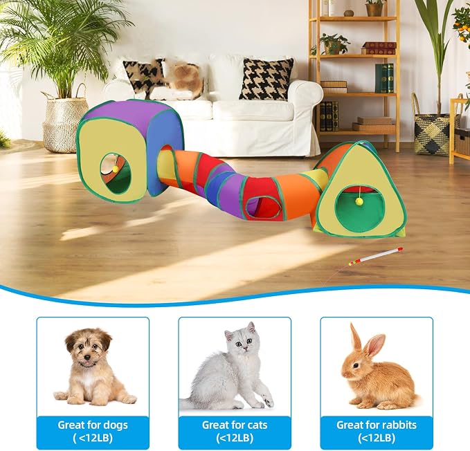 Cat Tunnels for Indoor Cats with Tent Cube and Feather Toy Collapsible Combo, Pop Up Cat Play Tunnel with Interactive Cat Toy Ball for Kitten, Ferret, Puppy, Guinea Pig, Rabbit, Bunny, Multicolour - Image 4
