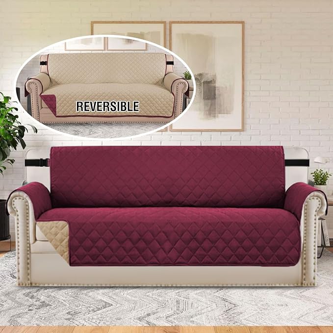 H.VERSAILTEX Sofa Slipcover for Dogs/Cats/Pets Sofa Cover Quilted Furniture Protector with Non Slip Elastic Strap Water Resistant Sofa Covers Couch Covers Seat Width to 66" (Sofa, Red/Tan) - Image 3