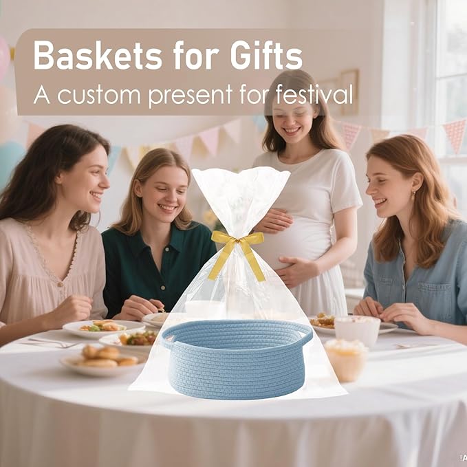 JMvicyroam Small Woven Basket, Empty Gift Basket, Blue/3 Pack | Small Gift Basket, Cotton Rope, 12 x 8 x 32 in, Handles, Includes Ribbon and Bag, Birthday Gift Basket - Image 4