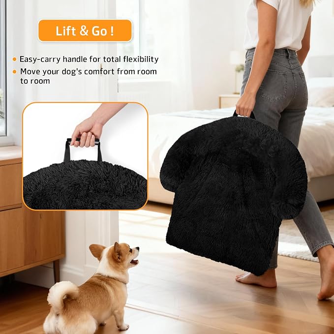 GGIB Calming Dog Bed Fluffy Plush Dog Mat for Furniture Protector with Removable Washable Cover for Large Medium Small Dogs and Cats (Large, Black) - Image 3