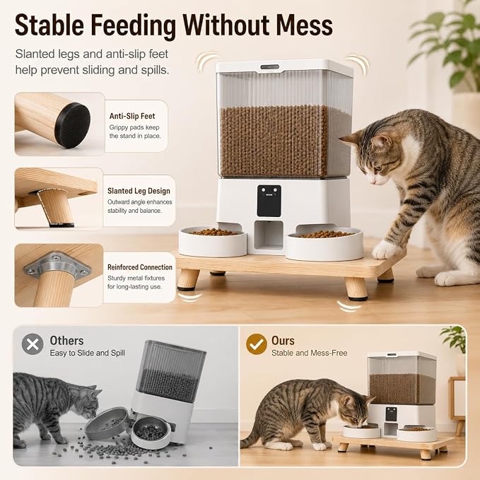Solid Wood Elevated Cat Feeder Stand, Raised Bowl Holder for Automatic Cat Feeders, Large Double Bowls & Traditional Bowls, Ergonomic Raised Station Relieves Spine and Joint Pressure - Image 5