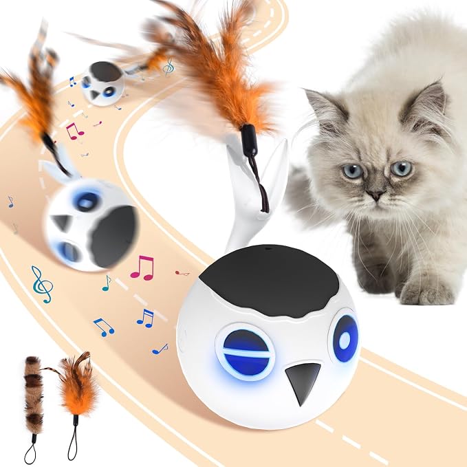 Cat Toys Ball, Smart Motion Sensor Moving Ball with 4 Sounds& 3 Speed Modes | Interactive Automatic Cat Toy for Indoor Cats,Fast Rolling Motion Activated Chirping Stimulating Light, 2 Feather Refill by ORSDA