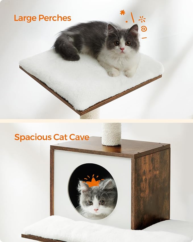 Feandrea Cat Tree, 56.3-Inch Modern Cat Tower, Multi-Level Plush Condo with Scratching Posts, Hammock, Washable Cushion, Rustic Brown UPCT164X01 - Image 6