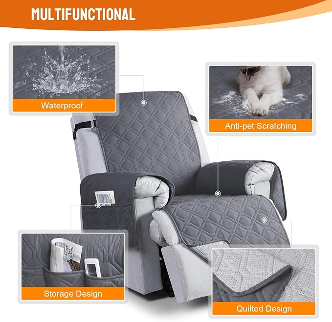 VANSOFY 100% Waterproof Recliner Chair Covers, Recliner Cover Non-Slip Dog Chair Cover Furniture Protector Washable Slipcover with Pocket, Elastic Straps for Pets, Dogs(Dark Gray, 25") - Image 4