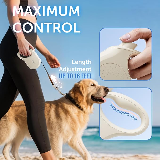 TUG Quest Retractable Dog Leash | 360° Tangle-Free Retraction | 16 ft Strong Nylon Tape (Small, Cream) - Image 5