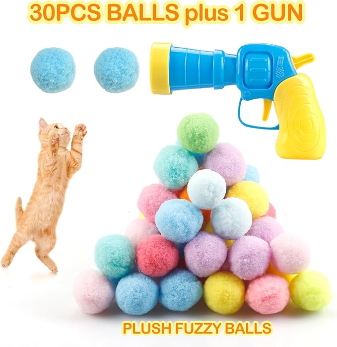 MeoHui 31Pcs Cat Ball Toy Launcher Gun,Cat Balls Fetch Toy,30Pcs Plush Fuzzy Balls Launcher Cat Toy for Cats with 1 Gun,Funny Interactive Cat Toys for Bored Indoor Adult Cats,Cute Kitten Kitty Toys - Image 3