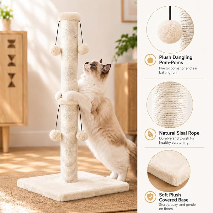 Dimaka 34'' Cat Scratching Post, Cat Scratching Post, Cat Scratcher for Large Cats with Teasing Toy Ball, Natural Sisal White and Grey (Beige) - Image 3