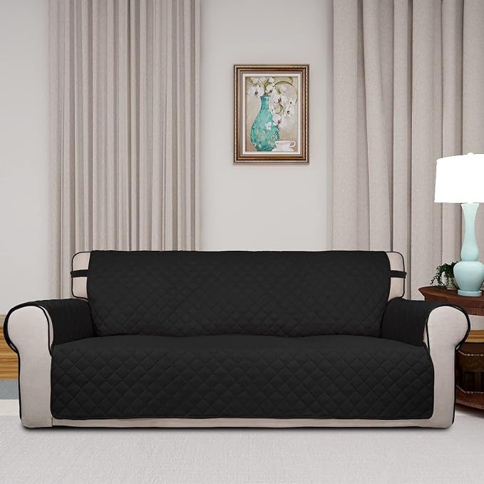 PureFit Reversible Quilted Couch Covers for Dogs Oversized Sofa Cover 78” | Black/Black, Water Resistant Couch Protector, Washable Pet Couch Cover with Non Slip and Elastic Straps For Kids - Image 2