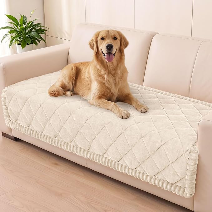 Smiry Non Slip Couch Cover for Dogs, Fuzzy Plush Pet Sofa Protector | Washable Furniture Cover for Large Dogs & Cats, Scratch & Dirt Resistant, For 2 Cushion Couch, White, 35.4"x63" by Smiry