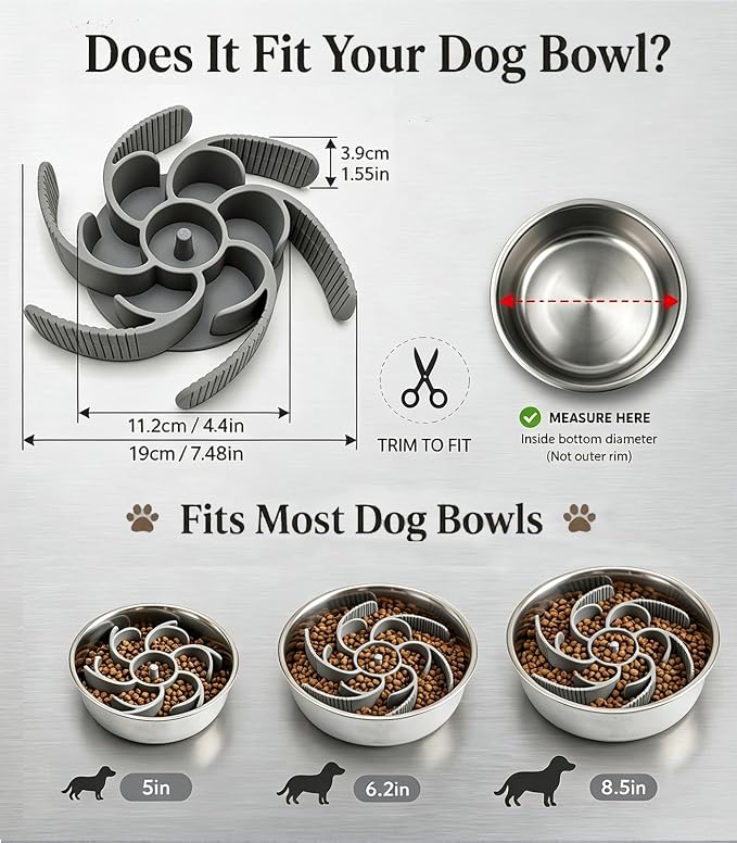 Slow Feeder Dog Bowls Insert Cuttable to fit 4.4"-7.5" Bowls Gray | Strong suction cups fit snugly,reduce fast eating,Food-grade silicone, dishwasher safe, for dogs and cats,daily mealtimes - Image 3