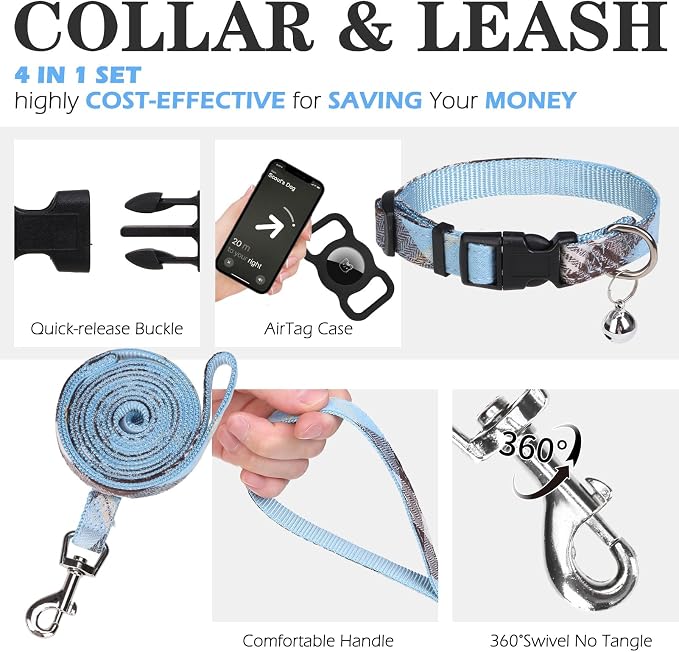 Classic Plaid Puppy Harness - Small Dog Harness and Leash Set - Dog Collar and Leash Set with AirTag Holder, Soft Padded Step in Dog Vest Harness No Pull Reflective for Outdoor, Blue XXS - Image 2
