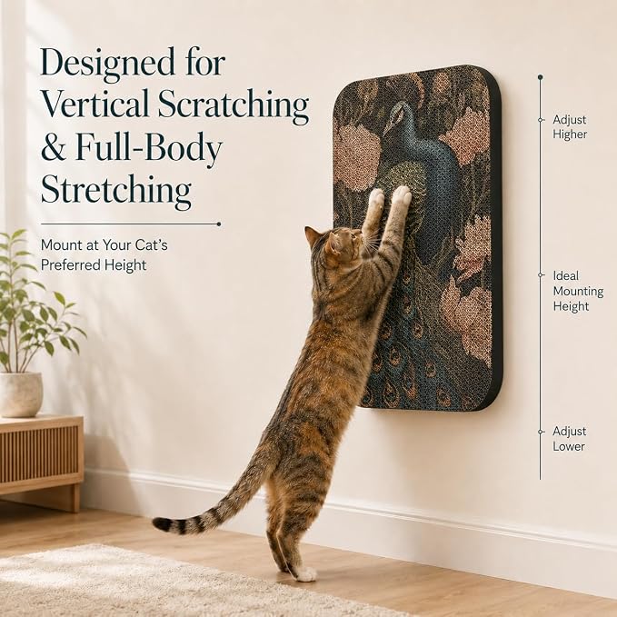 2 Pack Cat Wall Scratcher, Art Cat Scratching Board for Cats | Wall Mounted Cat Scratch Pad, Water-Based Ink, Hook&Loop Strips, Floor or Wall Use, 16.7x11x1 Inch, Butterfly & Peacock - Image 8