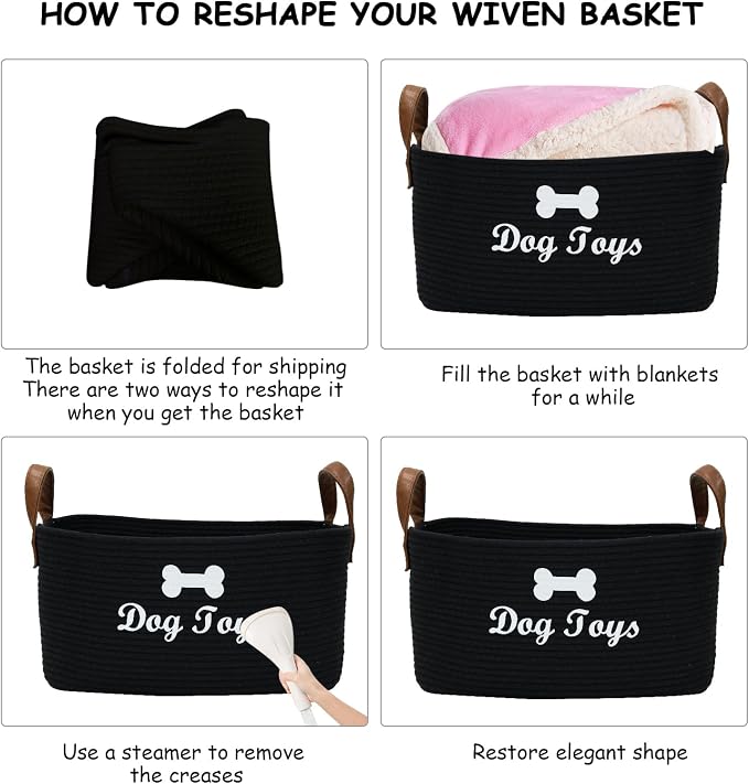 Geyecete X-Large Cotton Rope Dog Basket with Leather handle Blanket Storage Basket Decorative Clothes Hamper Basket | Extra Large Baskets for Blankets or Laundry-Black - Image 6