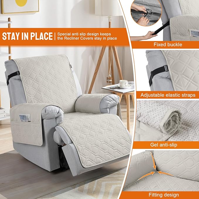 VANSOFY 100% Waterproof Recliner Chair Covers Washable, Beige, 25" | Non-Slip, Slipcover with Pocket, Furniture Protector, Elastic Straps, Chair Cover for Pets, Dogs - Image 3