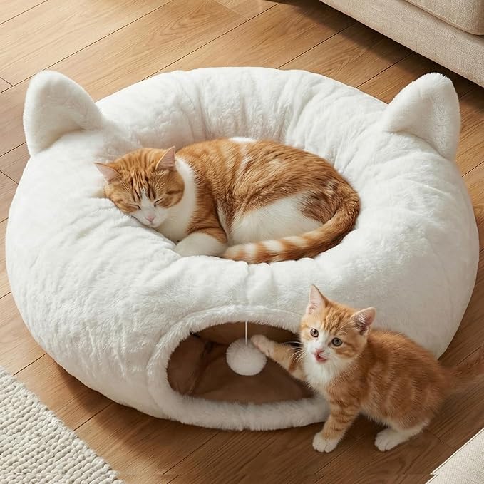 OurWarm Cat Tunnel Bed for Indoor Cats, Soft Plush Round Peekaboo Cat Bed Cave with Washable Cushion, Under Cristmas Tree Cat Donut Tunnel Toys for Kitten Rabbit Puppy (White) by OurWarm