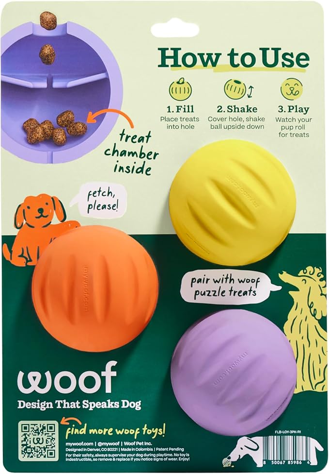 WOOF Flyball Fetch Ball & Dog Treat Dispenser Toy, 3-Pack | 2-in-1 fetch ball, fits standard ball launchers, treat dispenser, durable rubber, dishwasher safe, puzzle enrichment - Image 2