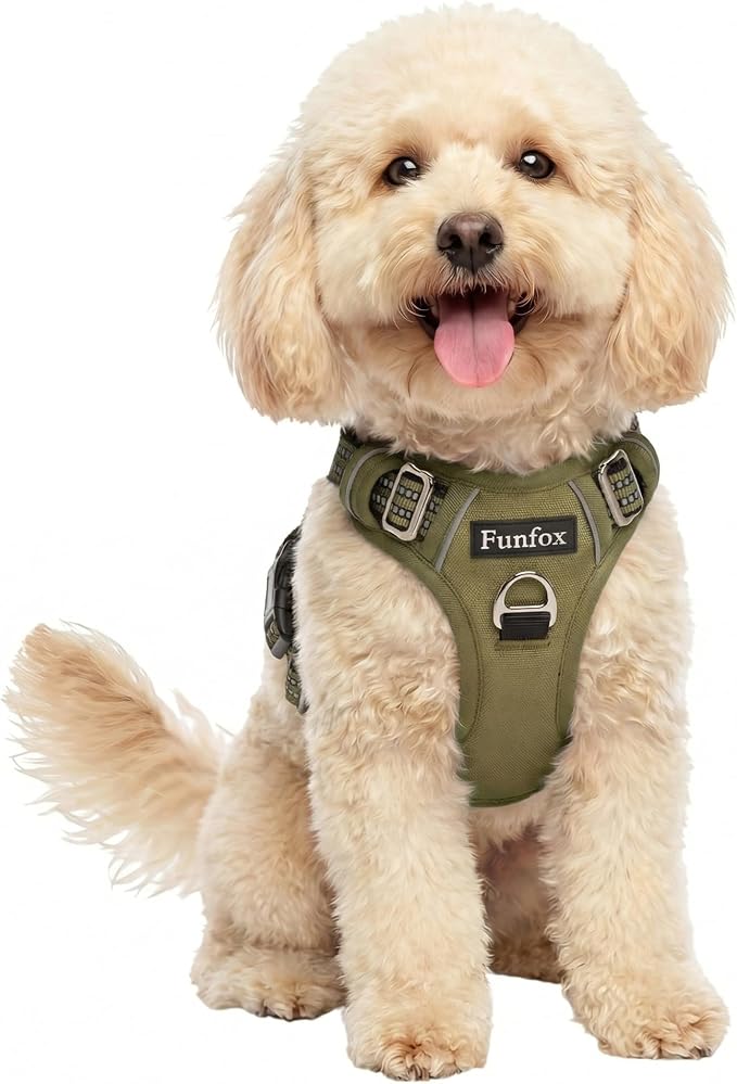 Dog Harness No Pull, Adjustable Pet Vest Harness, Super Soft Material with Vertical Handle Easy Control, Reflective Night Walking, 2 Leash Clips for Small Sized Dogs, Army Green, S by MyFUNFOX