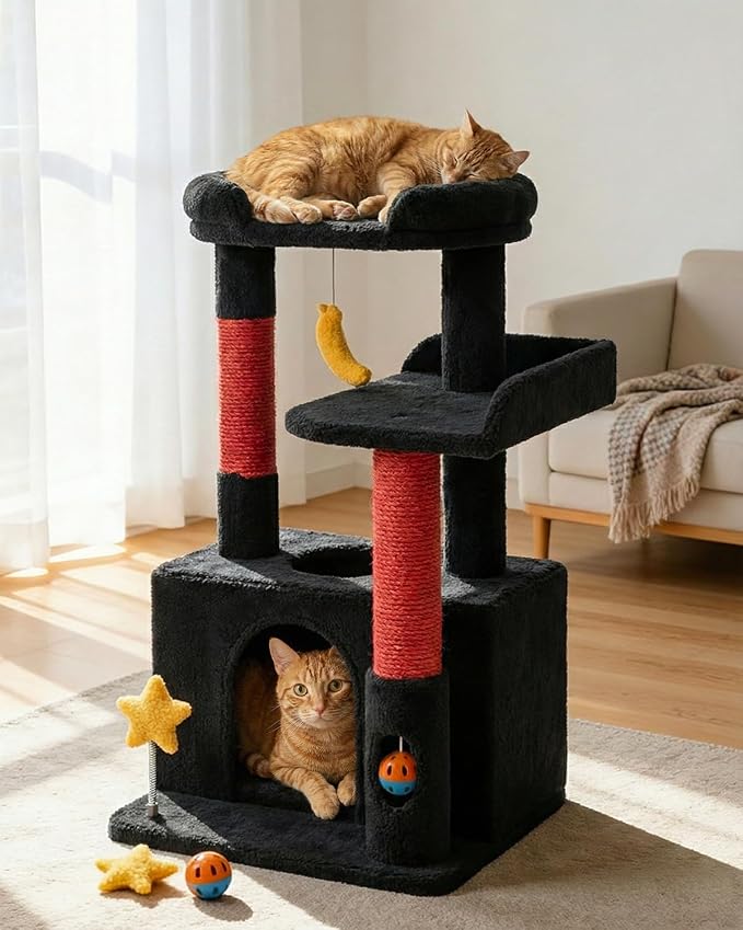 Small Cat Tree, Compact 30" Cat Tower for Indoor Kittens | Plush Finish, Cozy Condo, Soft Top Perch, Sisal Scratching Post, Dangling Ball Toy, Anti-Tip Base, for Cats up to 15 lbs by Purrlato