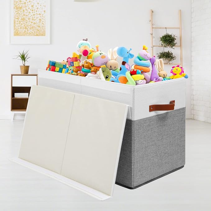 Large Toy Storage Box with Lid, Toy Chest Bin Boxes Basket with Dividers | Sturdy Toy Organizer Bin for Kids, Boys, Girls, Nursery, Living Room, Bedroom, Playroom 25"x13" x16" (Grey and White) - Image 7