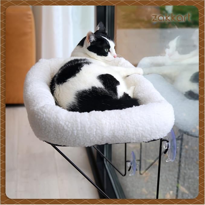Zakkart Cat Window Perch - 100% Metal Supported from Below - Comes with Warm Spacious Pet Bed - Cat Window Hammock for Large Cats & Kittens - for Sunbathing, Napping & Overlooking (White) - Image 2