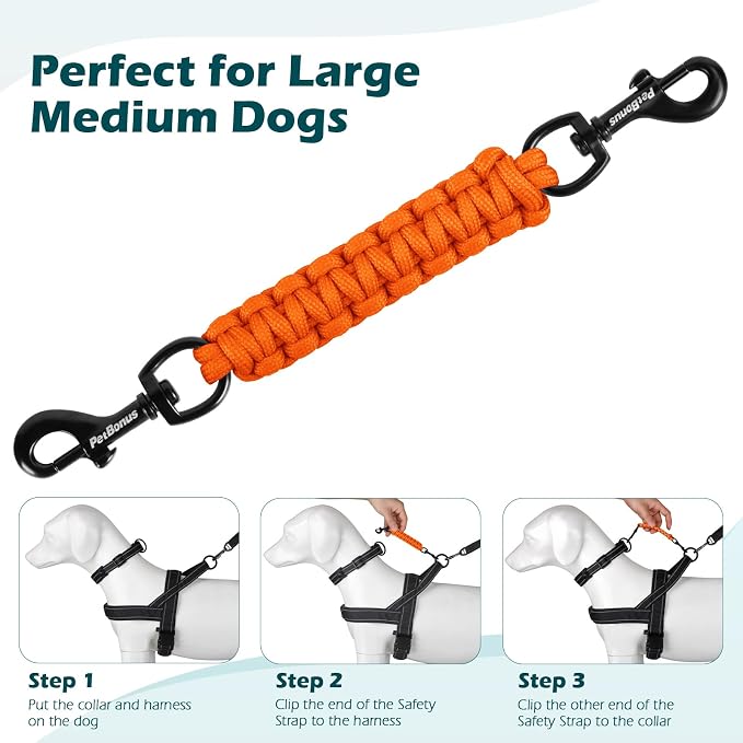 PetBonus Dog Collar Safety Clip, Handmade Prong Collar to Harness Connector | Dog Leash Backup Safety Strap, Escape Proof, Double Ended Clasp, Lead Connector for Pinch Collar, Harness (Orange) - Image 6