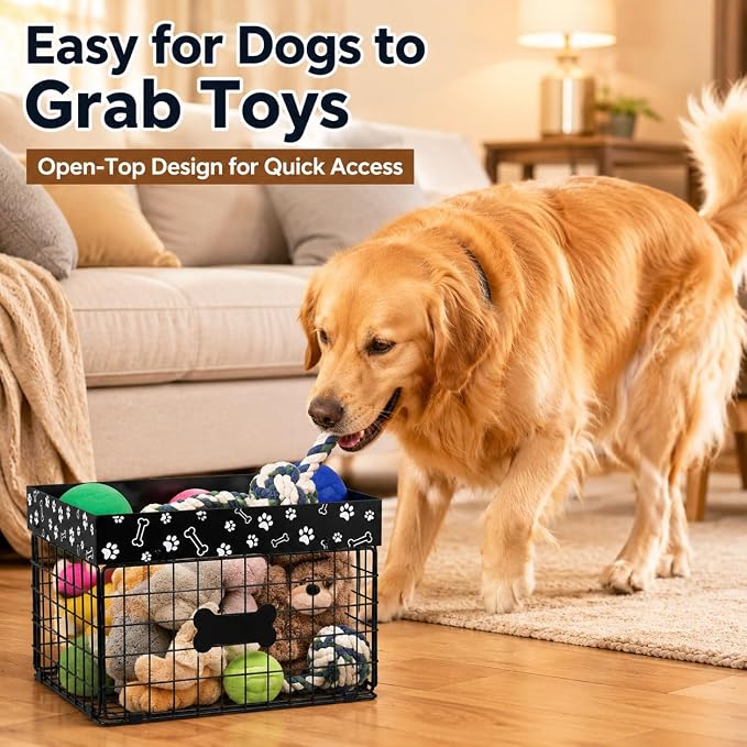 Metal Dog Toy Basket for Living Room, Foldable Dog Toy Storage Bin with Personalized Bone Label, Chew Resistant Pet Toy Organizer Basket, Durable Wire Dog Toy Box for Balls, Ropes, Plush Toys - Image 5