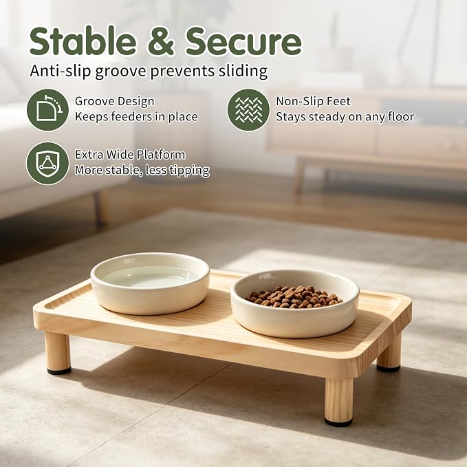 Cat Food Stand, Elevated Cat Feeding Station for Bowls & Feeders | Raised Rim Bowl Support, For Automatic Feeders & Bowls, Non-Slip Feet, Tool-Free Assembly, 15.8 x 9.8 in Wood Platform - Image 8