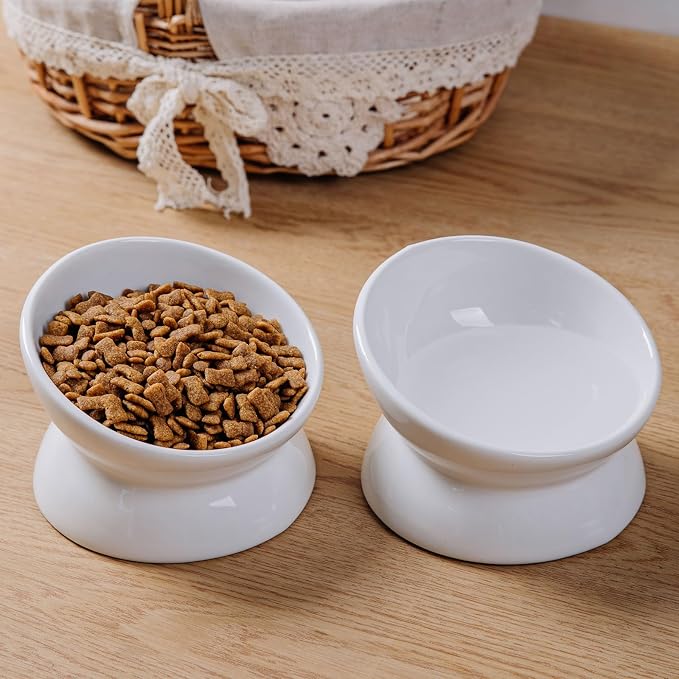 Elevated Ceramic Cat Bowl, 15° Tilted Raised Food & Water Dishes, Anti-Vomiting & Neck Protection Pet Feeder for Kittens, Small Dogs (5.2", White, 1pc Set) - Image 5