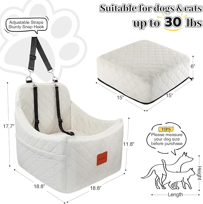 Dog Car Seat for Dogs up to 35lbs, Small Medium Dog Booster Seat with Adjustable Straps and Anti Slip Bottom,Fully Detachable Washable Pet Car Seat with 2 Storage Pockets (Beige, Medium) - Image 2