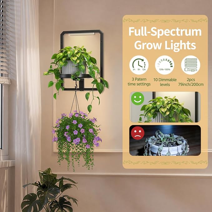 LASZOLA Plant Picture Frame Holder Shelf Wall with Lights, Black | Modern Floating Flower Hanger Indoor, Window Wall Mounted, with Hooks, Metal Planter Hanging Stand Display for Bathroom - Image 3