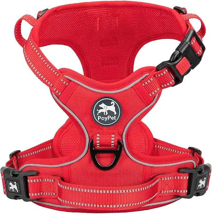PoyPet No Pull Dog Harness, Reflective Vest with 2 Leash Clips & Handle | Lockable Neck Release Buckle, No Choke, Adjustable, Soft Padded, for Walking Training, Red Matching Trim, Large by PoyPet