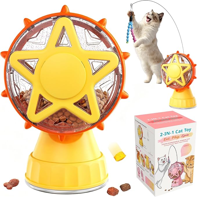 Interactive Cat Toy with Treat Dispenser & Wand Teaser Indoor Cats(Yellow) | Stable Suction Base Design|Adjustable Treat Opening|Indoor Cat Boredom Relief|Hunting Instinct Stimulation by DUOCHARM