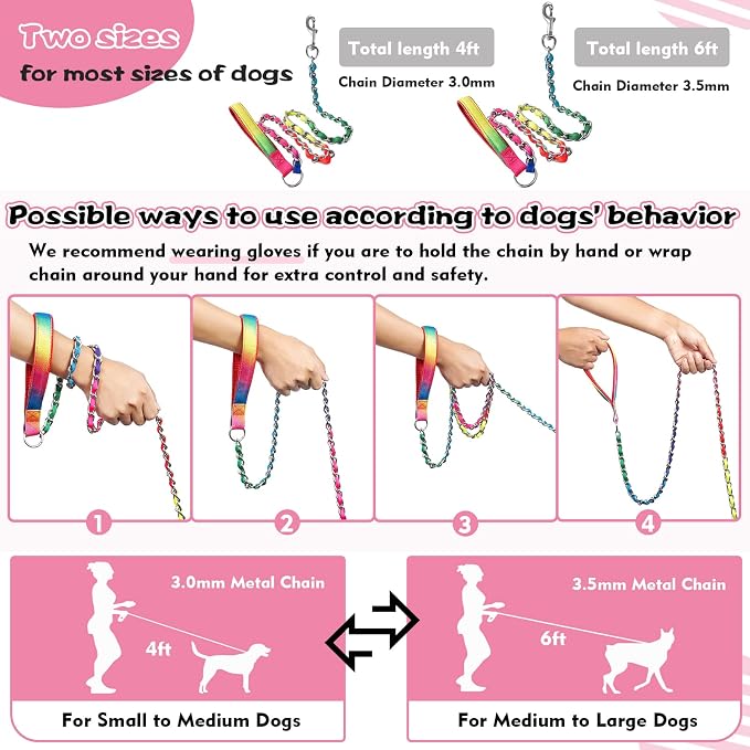 Metal Chain Dog Leash Chew Proof for Dogs, Colorful, 3.5mm, 6FT | More Room for Everyday Walks and Outdoor Use, Chew Resistant Chain, Padded Handle, Swivel Clip - Image 5