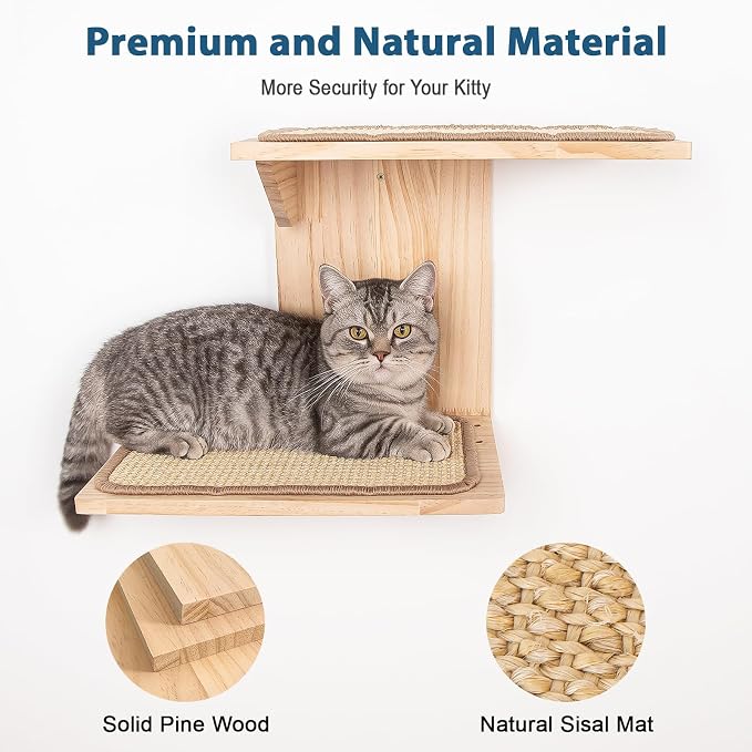 Cat Wall Shelves, 2 Platform Cats Walls Furniture, Tree Shape Kitten Floating Shelf with Sisal Mat Perch, Solid Pine Wood, Suitable for Climb, Play, Nap - Image 5
