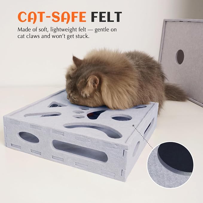 PETKARAY Felt Cat Puzzle Toy, Interactive Cat Toys for Indoor Cats, Interactive Maze for Kitten Felt Puzzle Box with Ball, Grey - Image 4